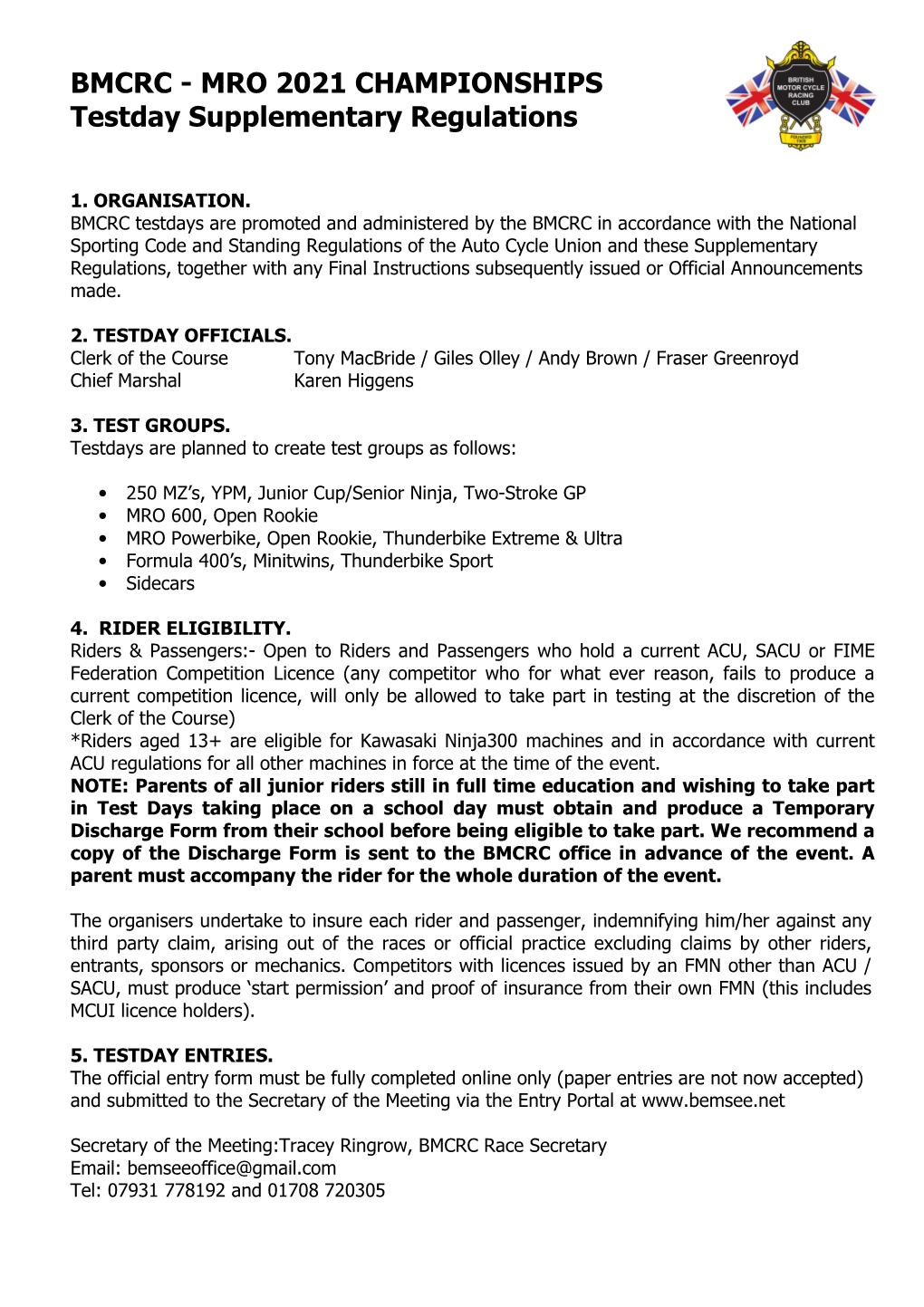 BMCRC - MRO 2021 CHAMPIONSHIPS Testday Supplementary Regulations