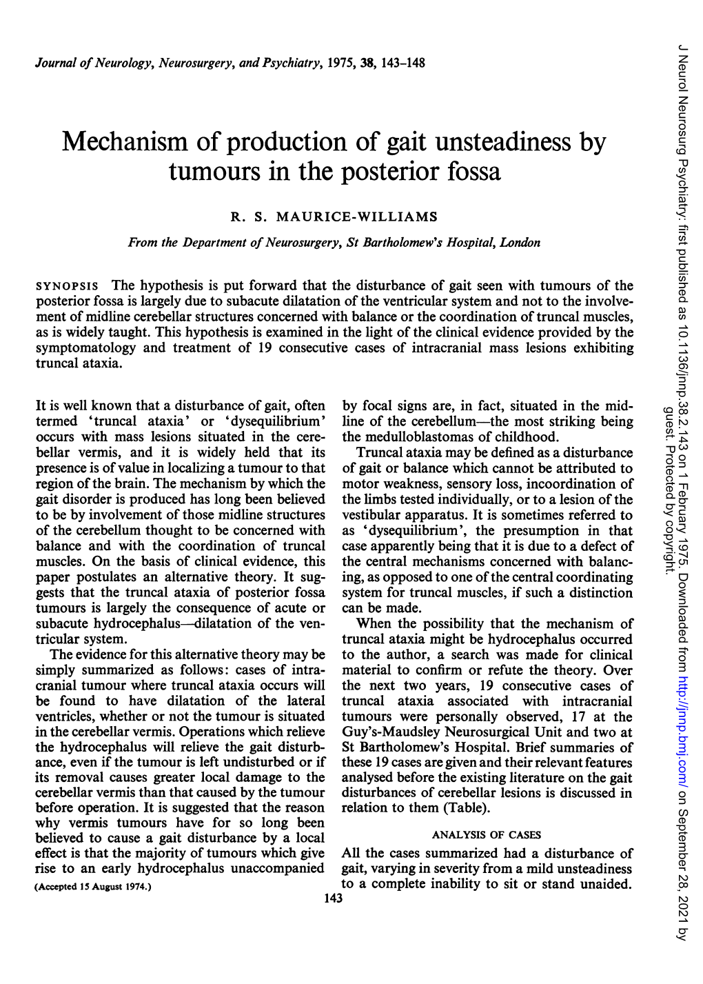 Mechanism of Production of Gait Unsteadiness by Tumours in the Posterior Fossa