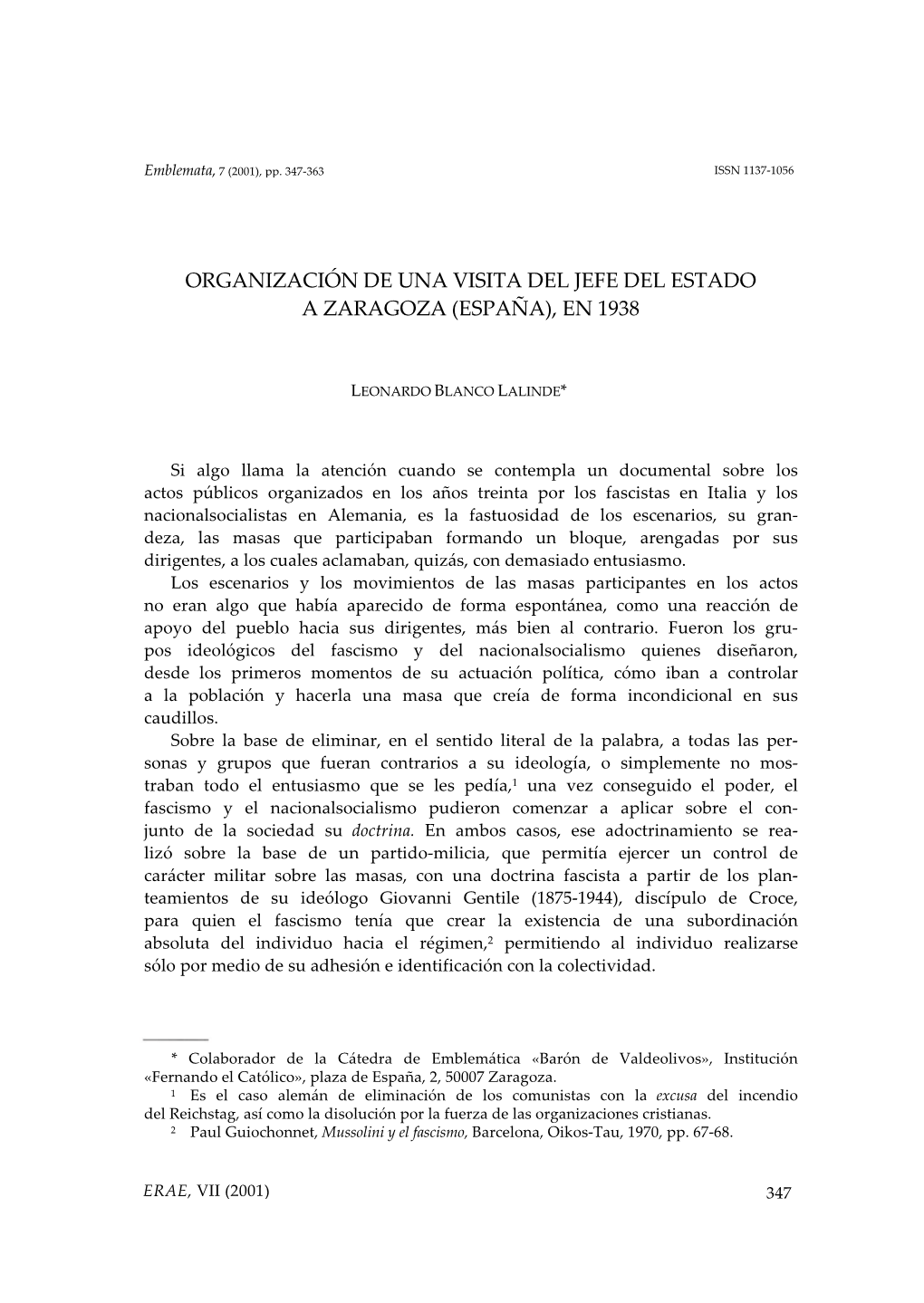 13. Organización De Una Visita Del Jefe Del Estado a Zaragoza En