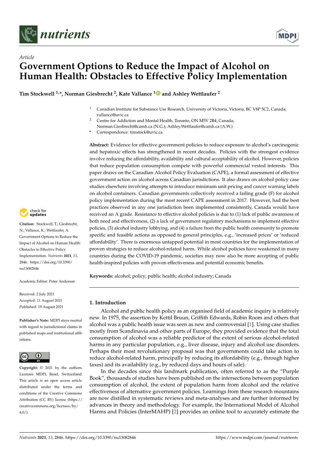 Government Options to Reduce the Impact of Alcohol on Human Health: Obstacles to Effective Policy Implementation