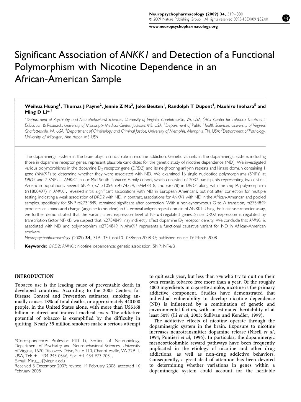 Significant Association of ANKK1 and Detection of a Functional Polymorphism with Nicotine Dependence in an African-American Sample