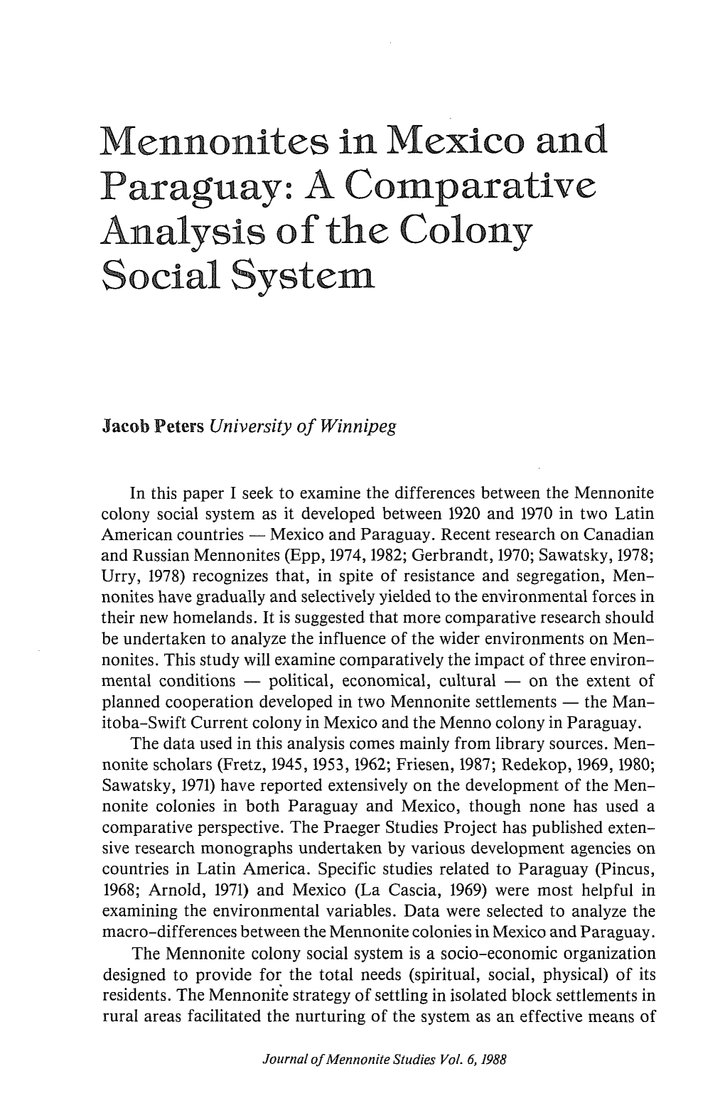 Mennonites in Mexico and Paraguay: a Comparative Analysis of the Colony