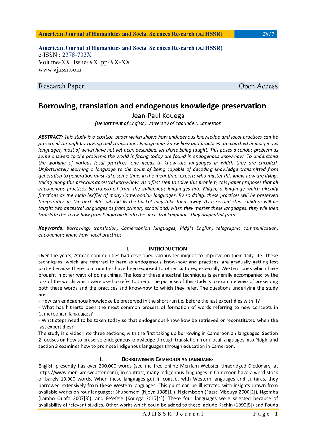 Borrowing, Translation and Endogenous Knowledge Preservation Jean-Paul Kouega (Department of English, University of Yaounde I, Cameroon