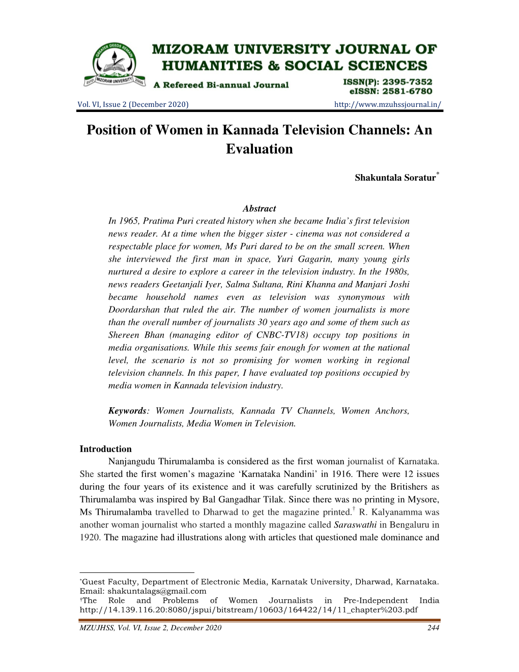 Position of Women in Kannada Television Channels: an Evaluation