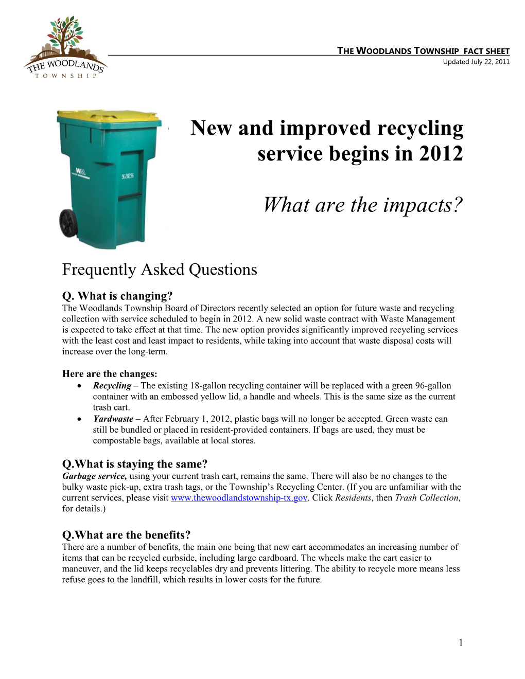 New and Improved Recycling Service Begins in 2012 What Are the Impacts?