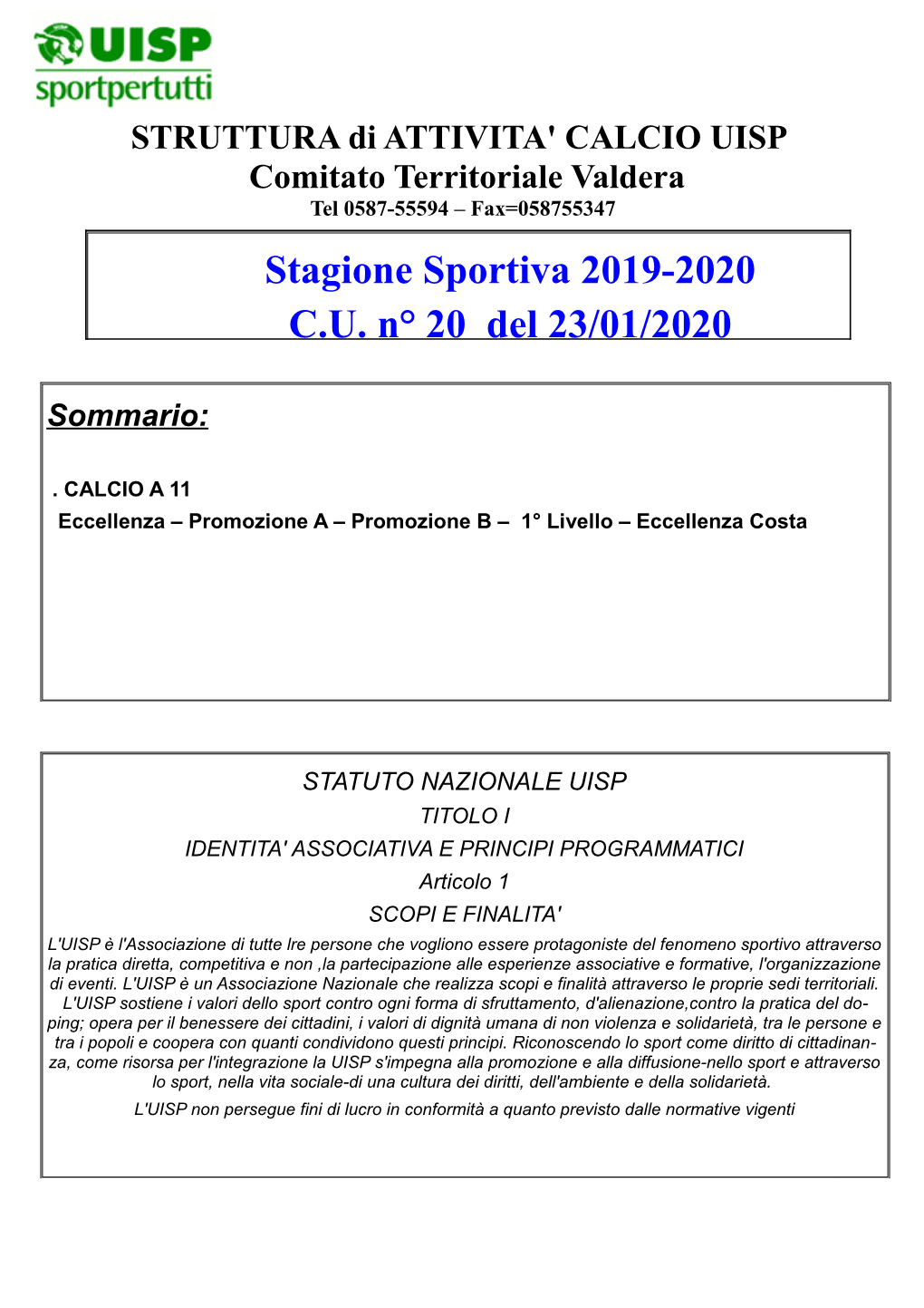 Stagione Sportiva 2019-2020 C.U. N° 20 Del 23/01/2020