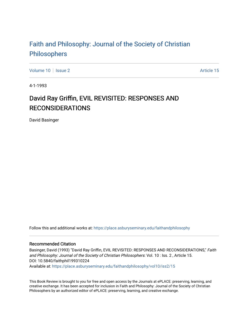 David Ray Griffin, EVIL REVISITED: RESPONSES and RECONSIDERATIONS