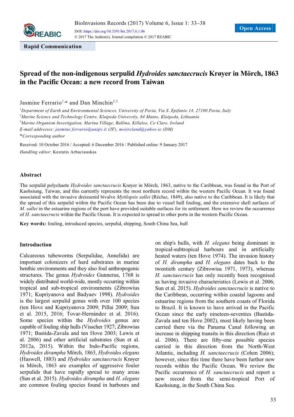 Spread of the Non-Indigenous Serpulid Hydroides Sanctaecrucis Krøyer in Mörch, 1863 in the Pacific Ocean: a New Record from Taiwan