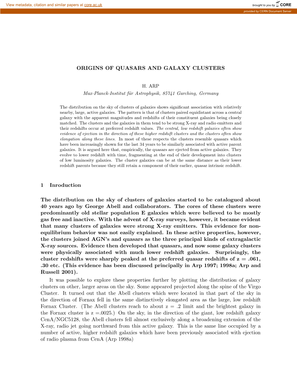 ORIGINS of QUASARS and GALAXY CLUSTERS 1 Inroduction