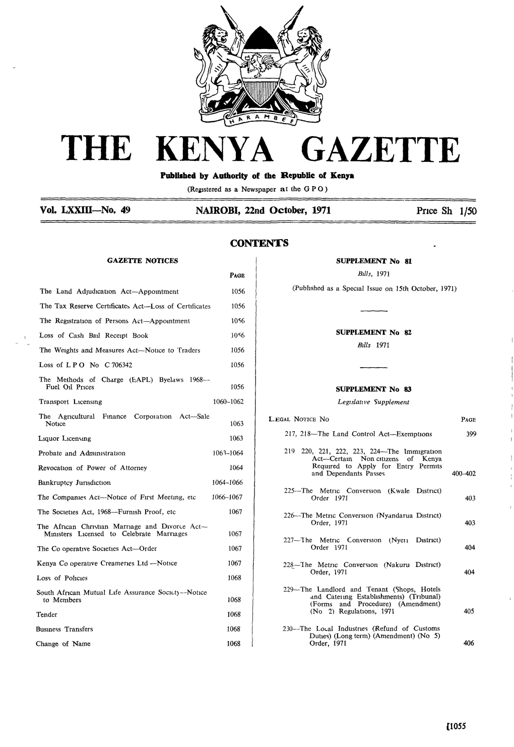 THE KENYA GAZETTE Published by Authority of the Republic of Kenya (Registered As a Newspaper at the G P 0)