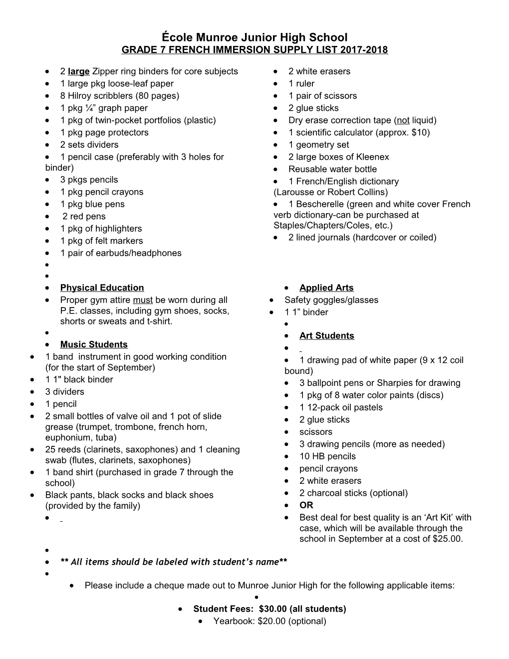 Grade 7 French Immersion Supply List 2017-2018