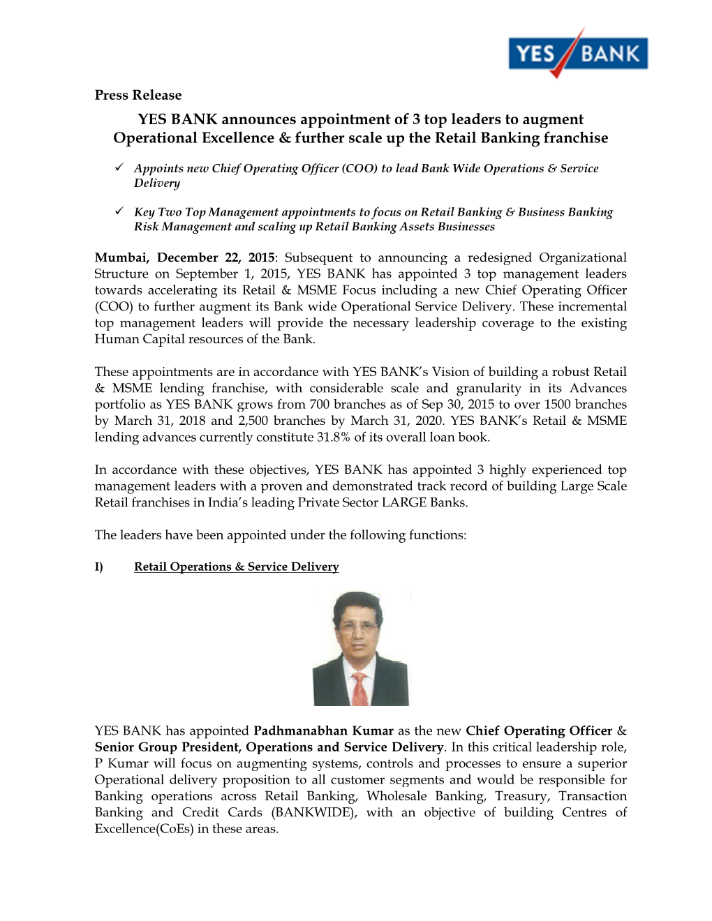 YES BANK Announces Appointment of 3 Top Leaders to Augment Operational Excellence & Further Scale up the Retail Banking Franchise