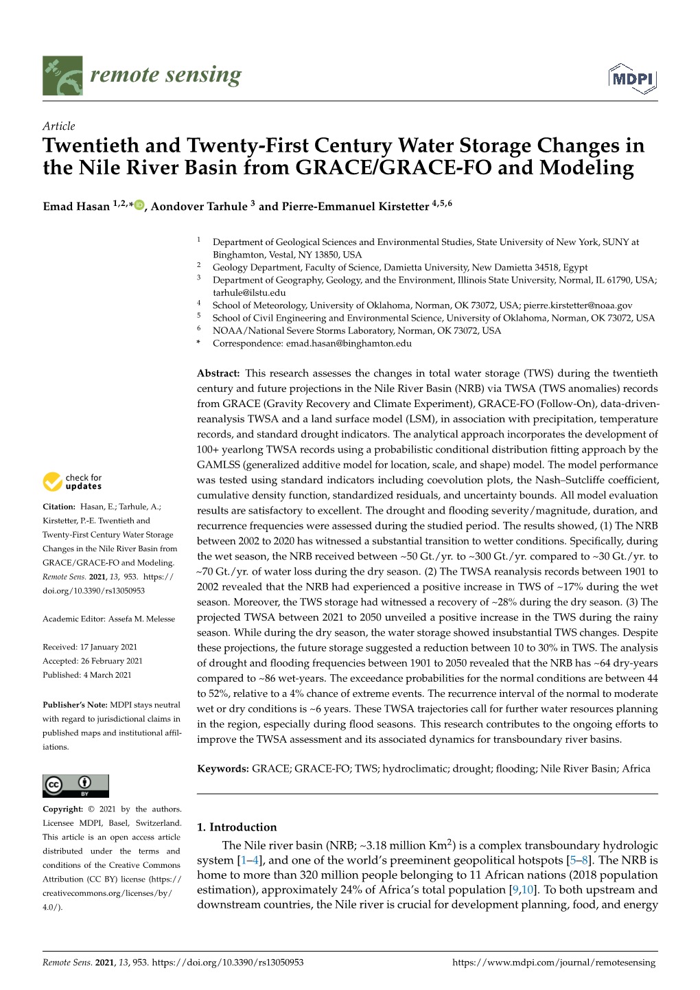 Twentieth and Twenty-First Century Water Storage Changes in the Nile River Basin from GRACE/GRACE-FO and Modeling