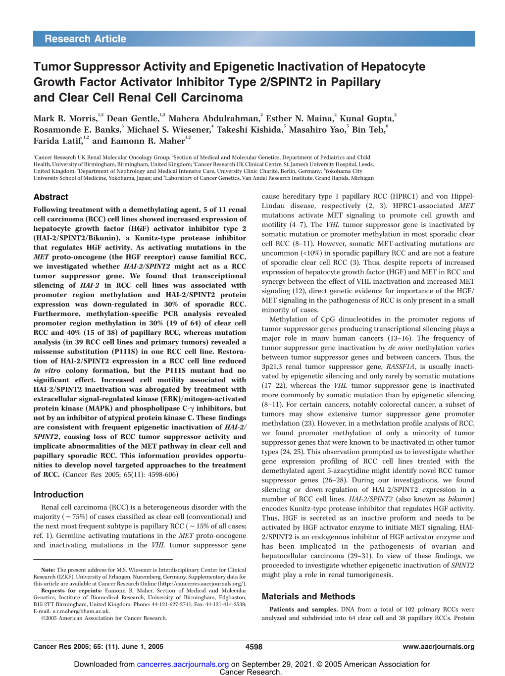 Tumor Suppressor Activity and Epigenetic Inactivation of Hepatocyte Growth Factor Activator Inhibitor Type 2/SPINT2 in Papillary and Clear Cell Renal Cell Carcinoma