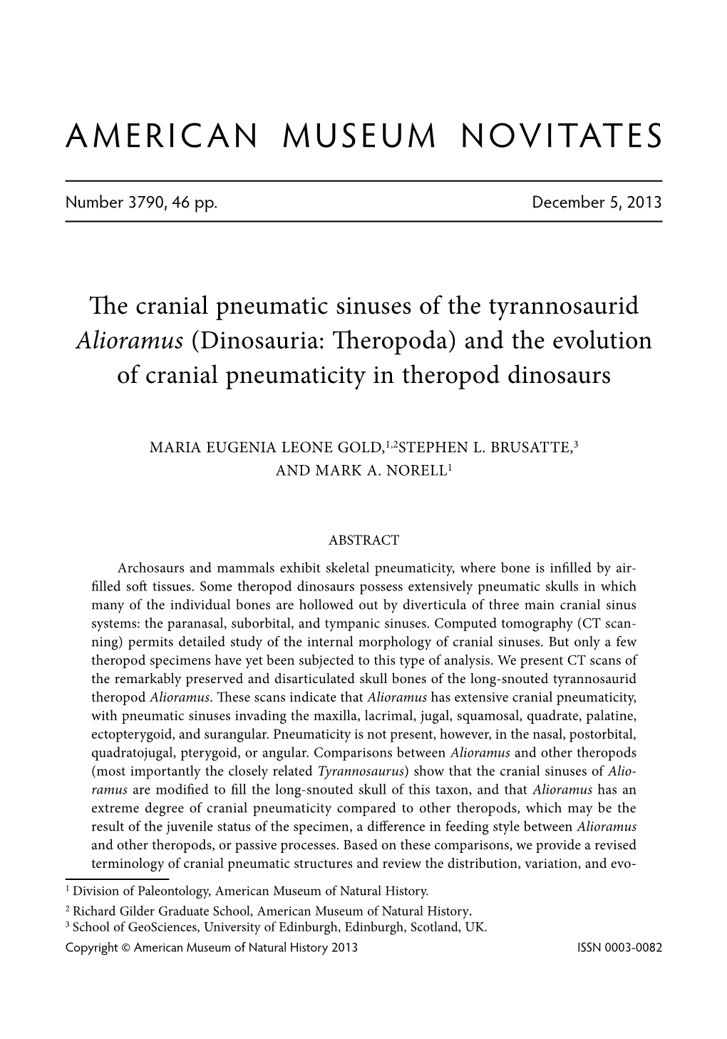 Alioramus (Dinosauria: T﻿Heropoda) and the Evolution of Cranial Pneumaticity in Theropod Dinosaurs