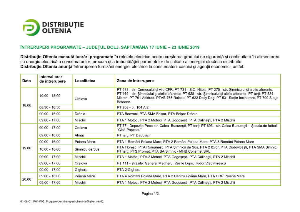 Dolj, Săptămâna 17 Iunie – 23 Iunie 2019