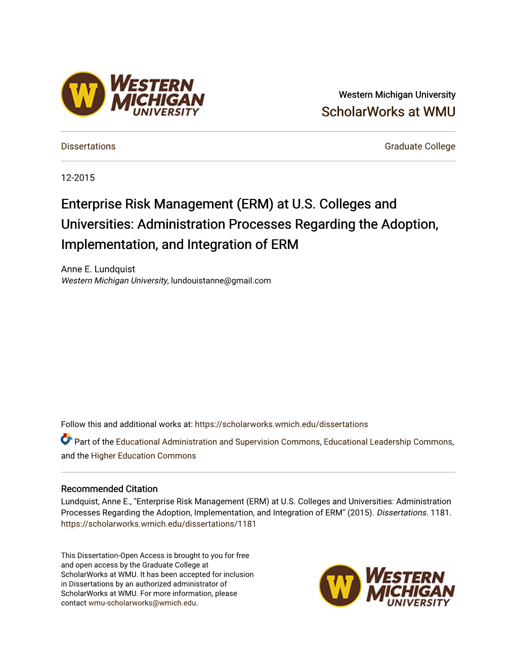 Enterprise Risk Management (ERM) at US Colleges and Universities