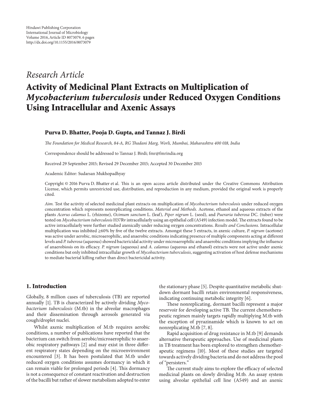 Activity of Medicinal Plant Extracts on Multiplication of Mycobacterium Tuberculosis Under Reduced Oxygen Conditions Using Intracellular and Axenic Assays