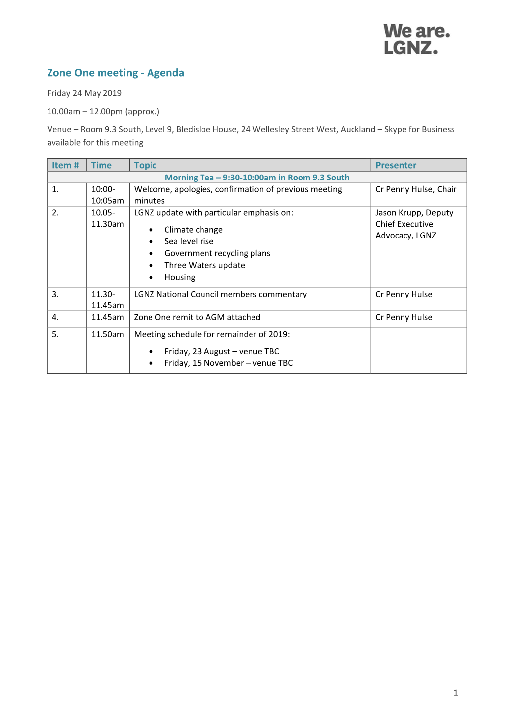 Zone One Meeting ‐ Agenda