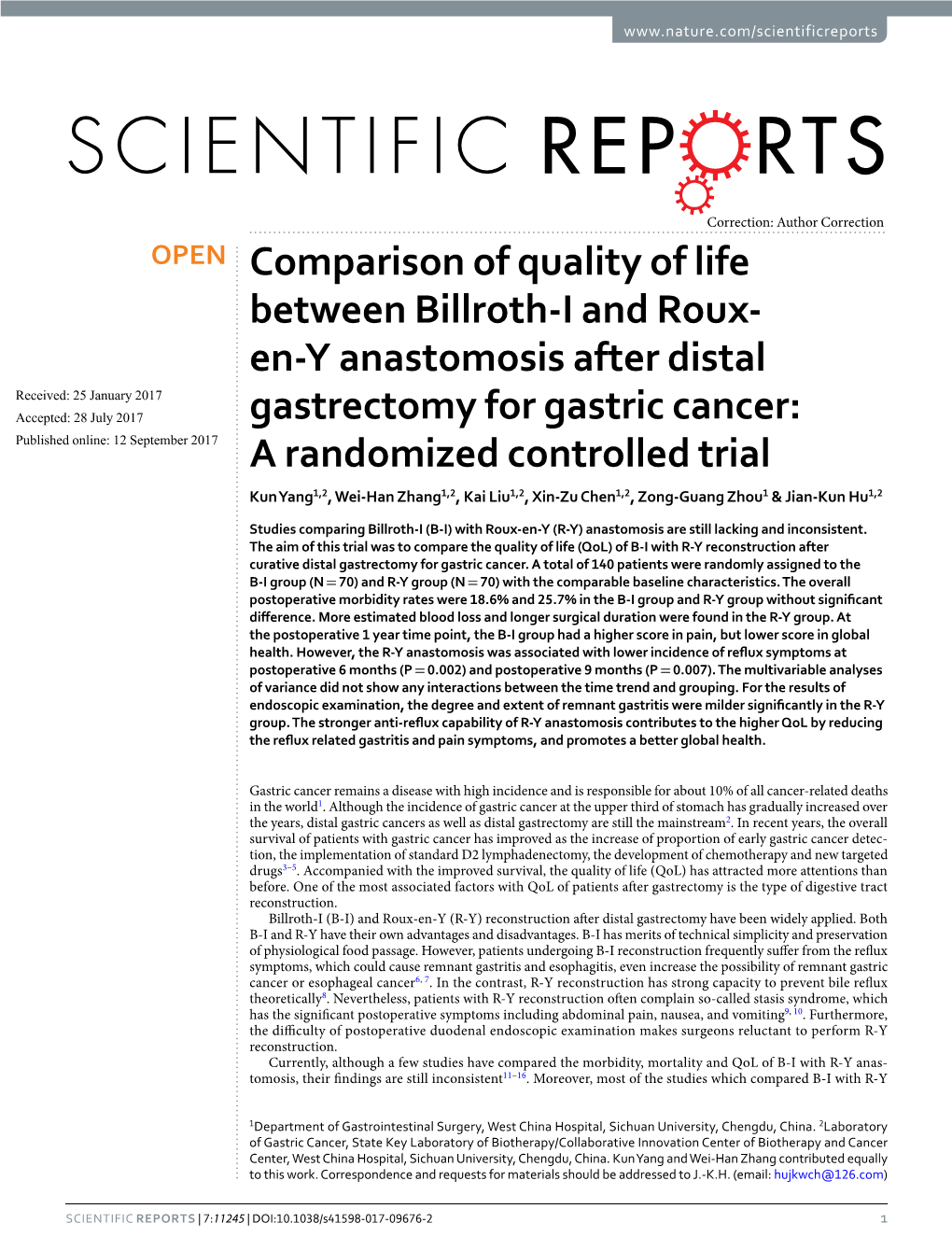 Comparison of Quality of Life Between Billroth-І and Roux-En-Y