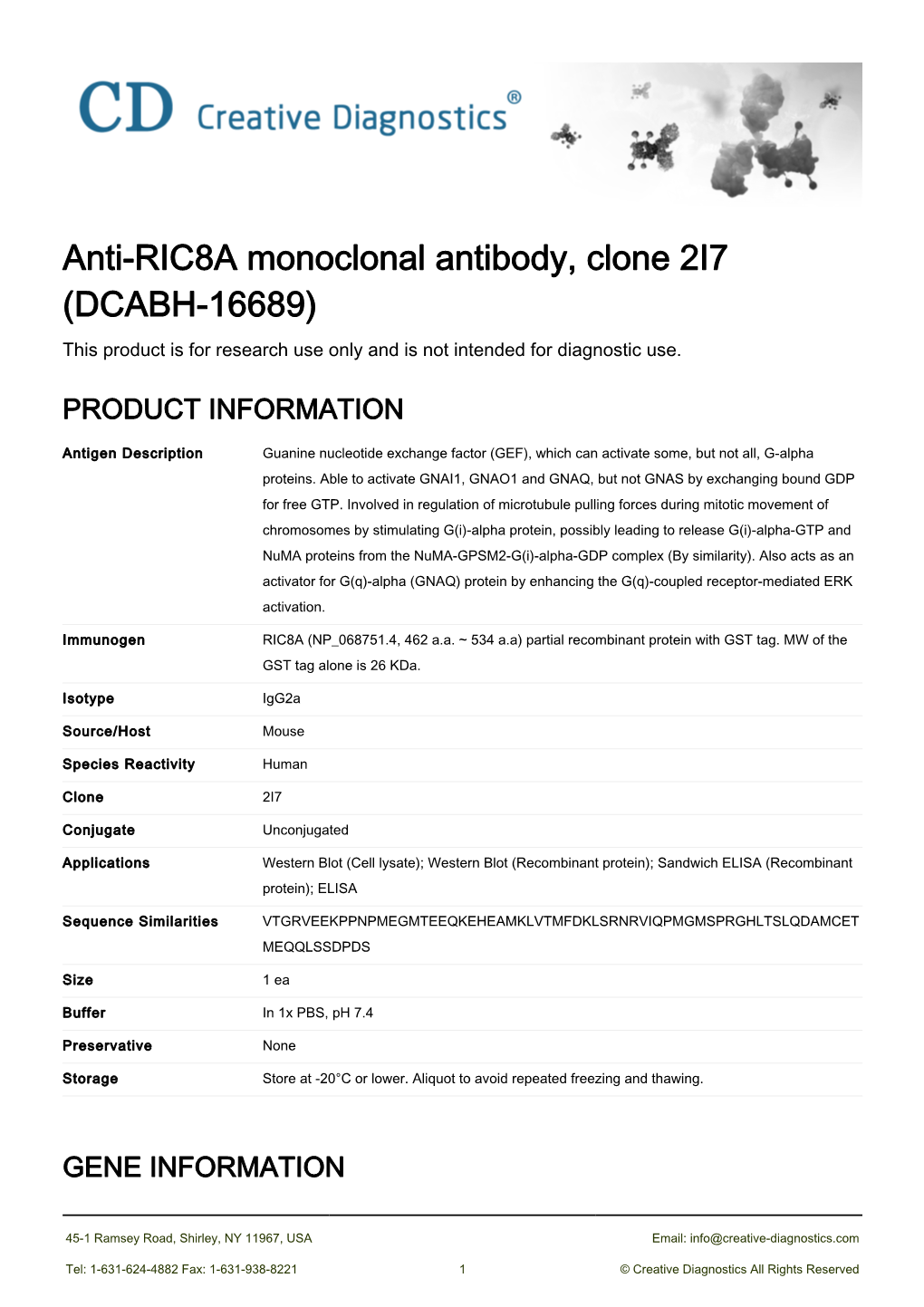 Anti-RIC8A Monoclonal Antibody, Clone 2I7 (DCABH-16689) This Product Is for Research Use Only and Is Not Intended for Diagnostic Use