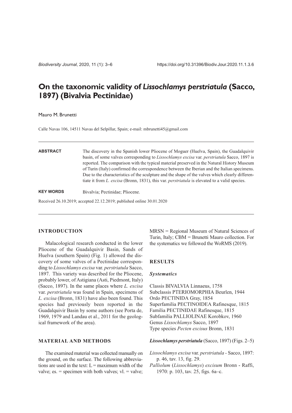 On the Taxonomic Validity of Lissochlamys Perstriatula (Sacco, 1897) (Bivalvia Pectinidae)