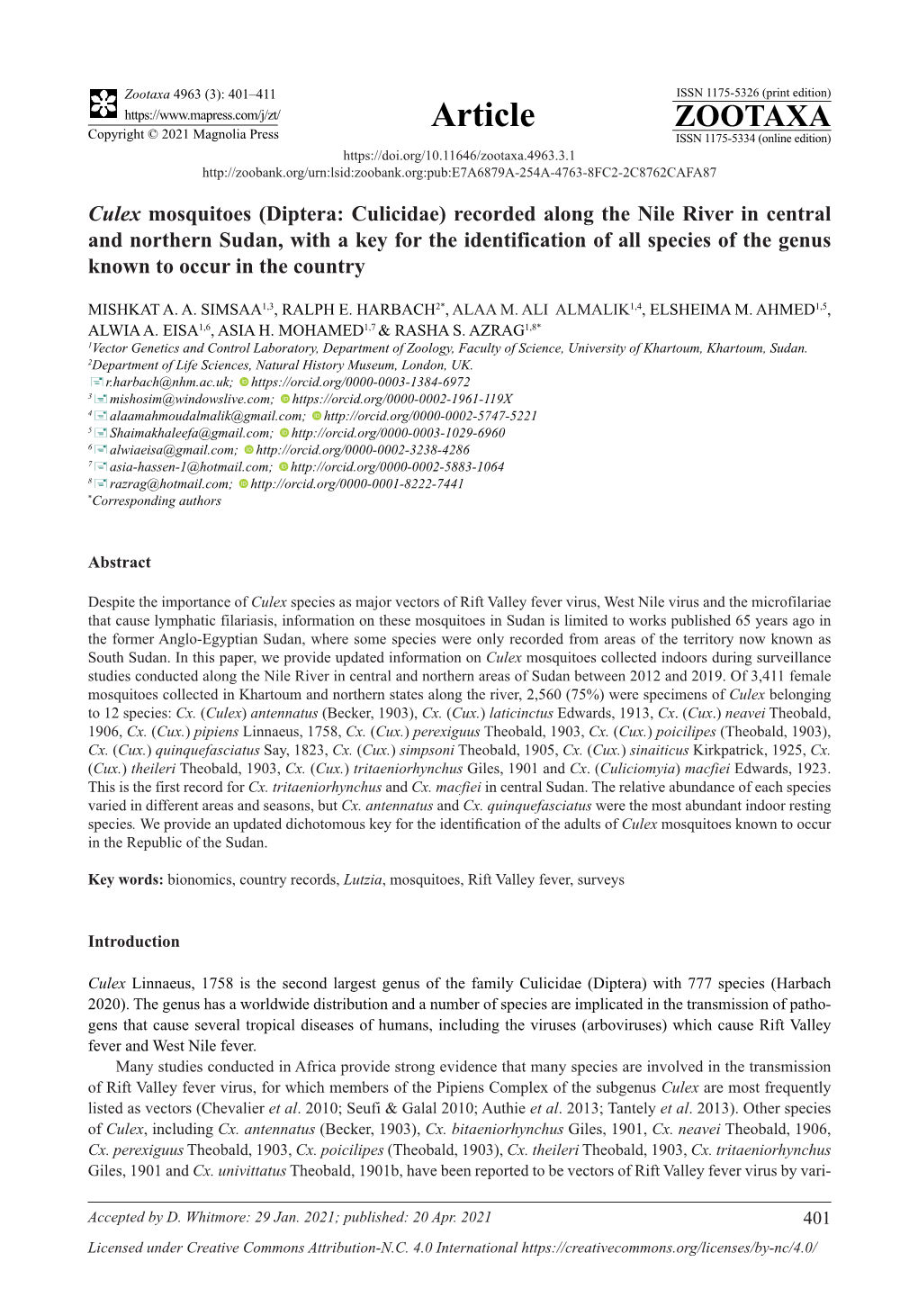 Recorded Along the Nile River in Central and Northern Sudan, with a Key for the Identification of All Species of the Genus Known to Occur in the Country