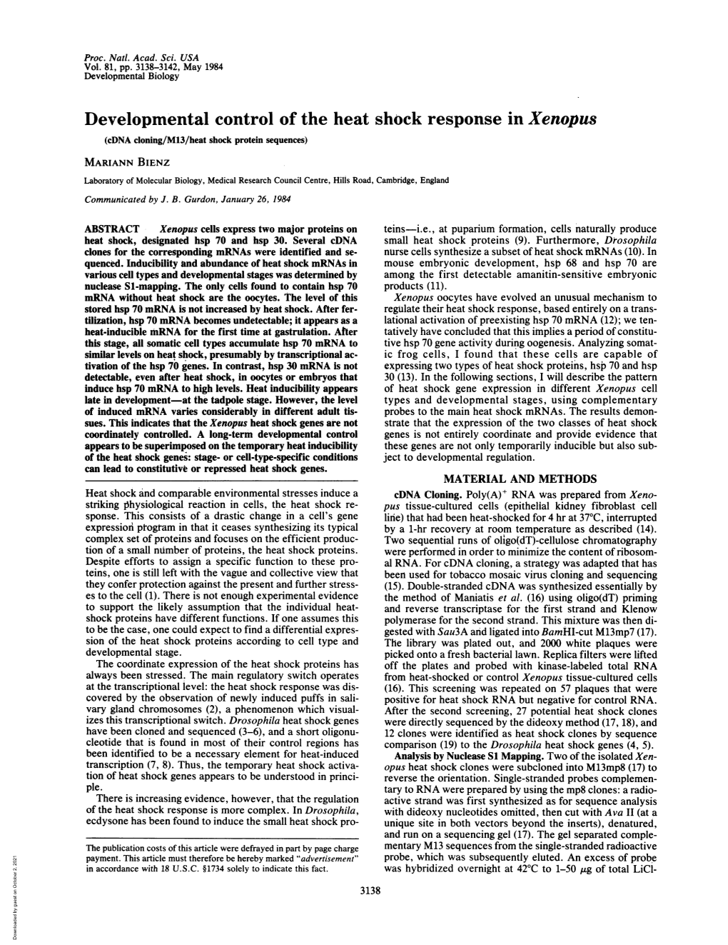 Developmental Controlof the Heat Shock Response in Xenopus