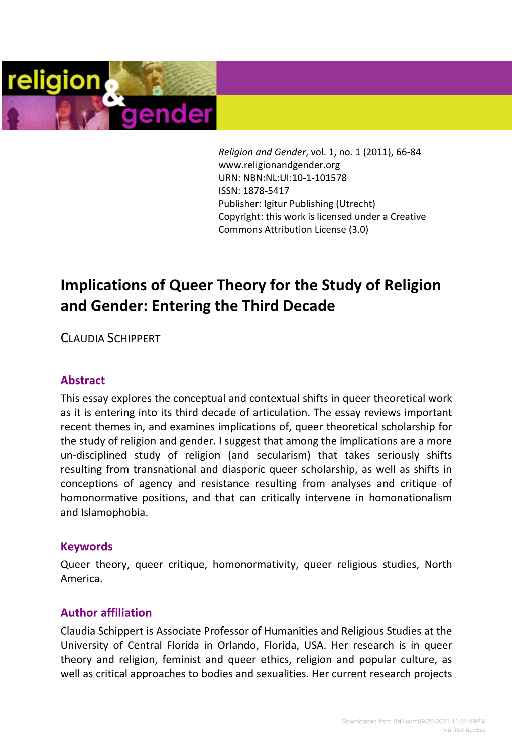 Implications of Queer Theory for the Study of Religion and Gender: Entering the Third Decade