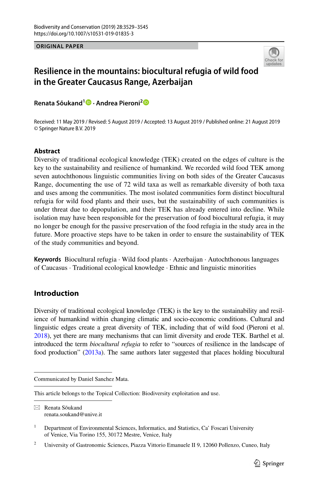 Biocultural Refugia of Wild Food in the Greater Caucasus Range, Azerbaijan