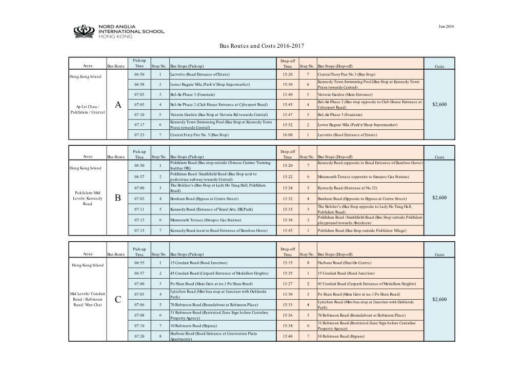 Bus Routes and Costs 2016-2017