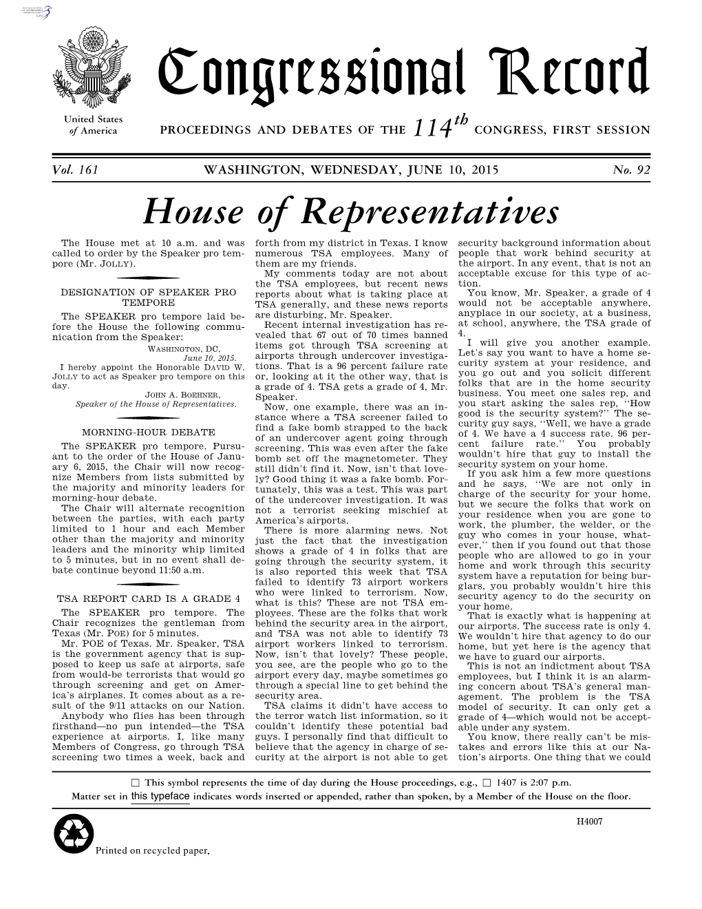 Congressional Record United States Th of America PROCEEDINGS and DEBATES of the 114 CONGRESS, FIRST SESSION