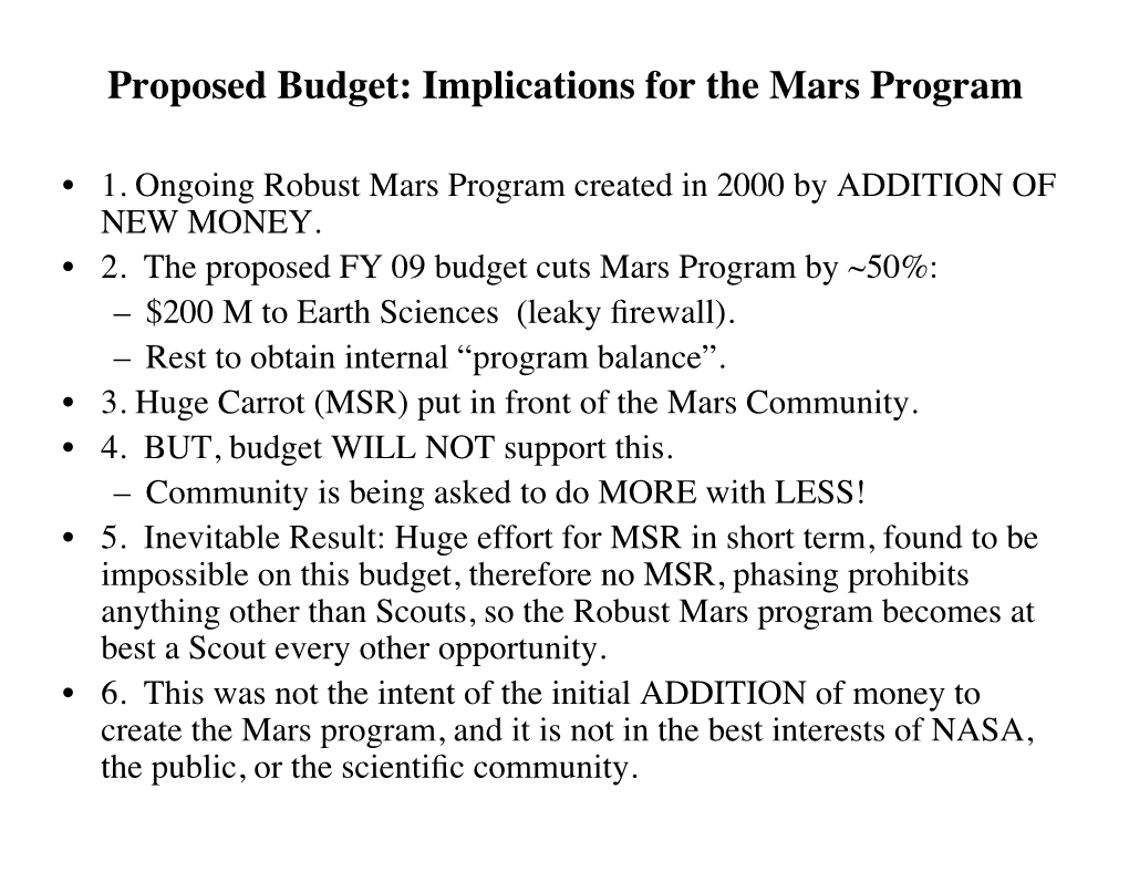 Proposed Budget: Implications for the Mars Program