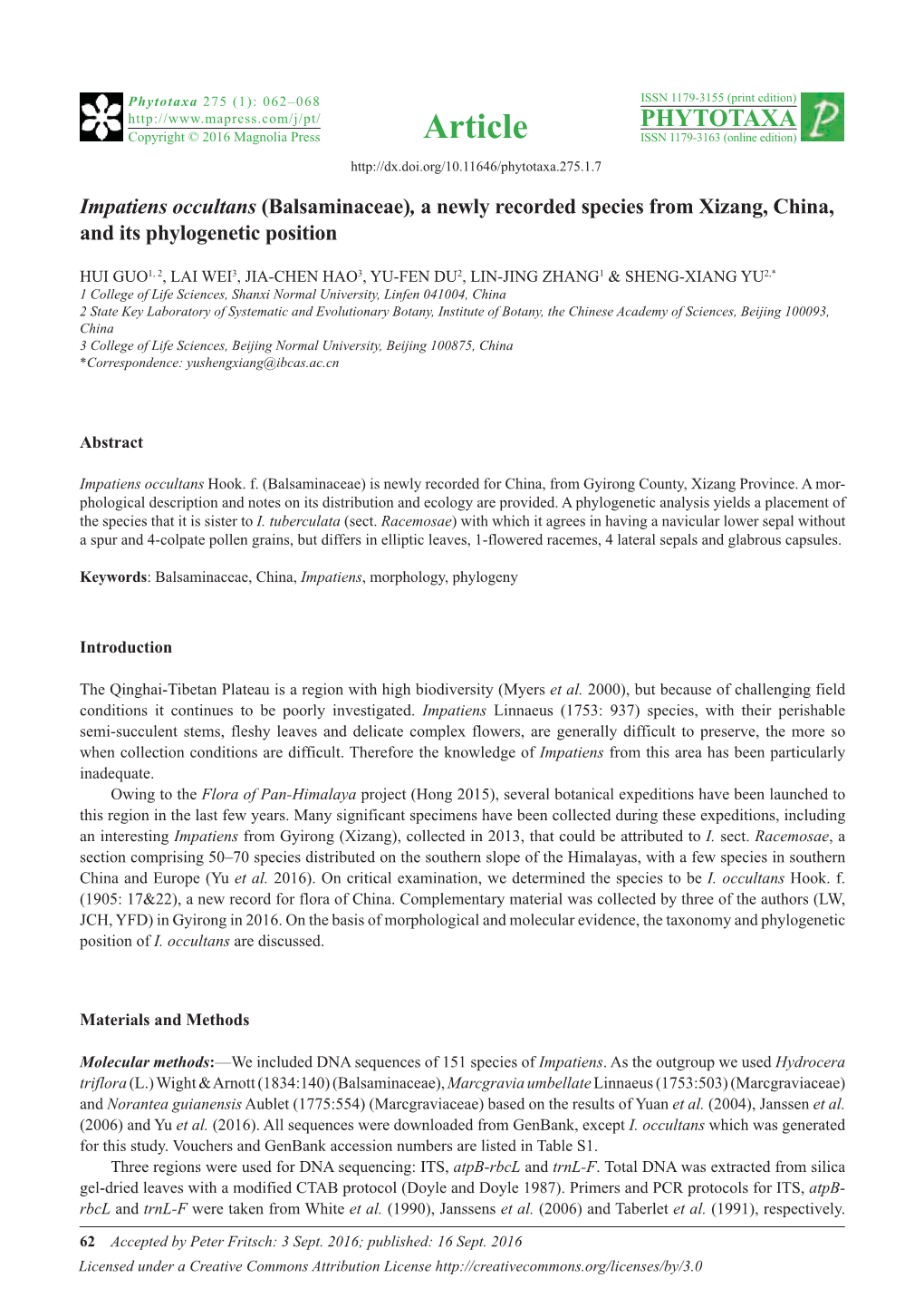 Impatiens Occultans (Balsaminaceae), a Newly Recorded Species from Xizang, China, and Its Phylogenetic Position