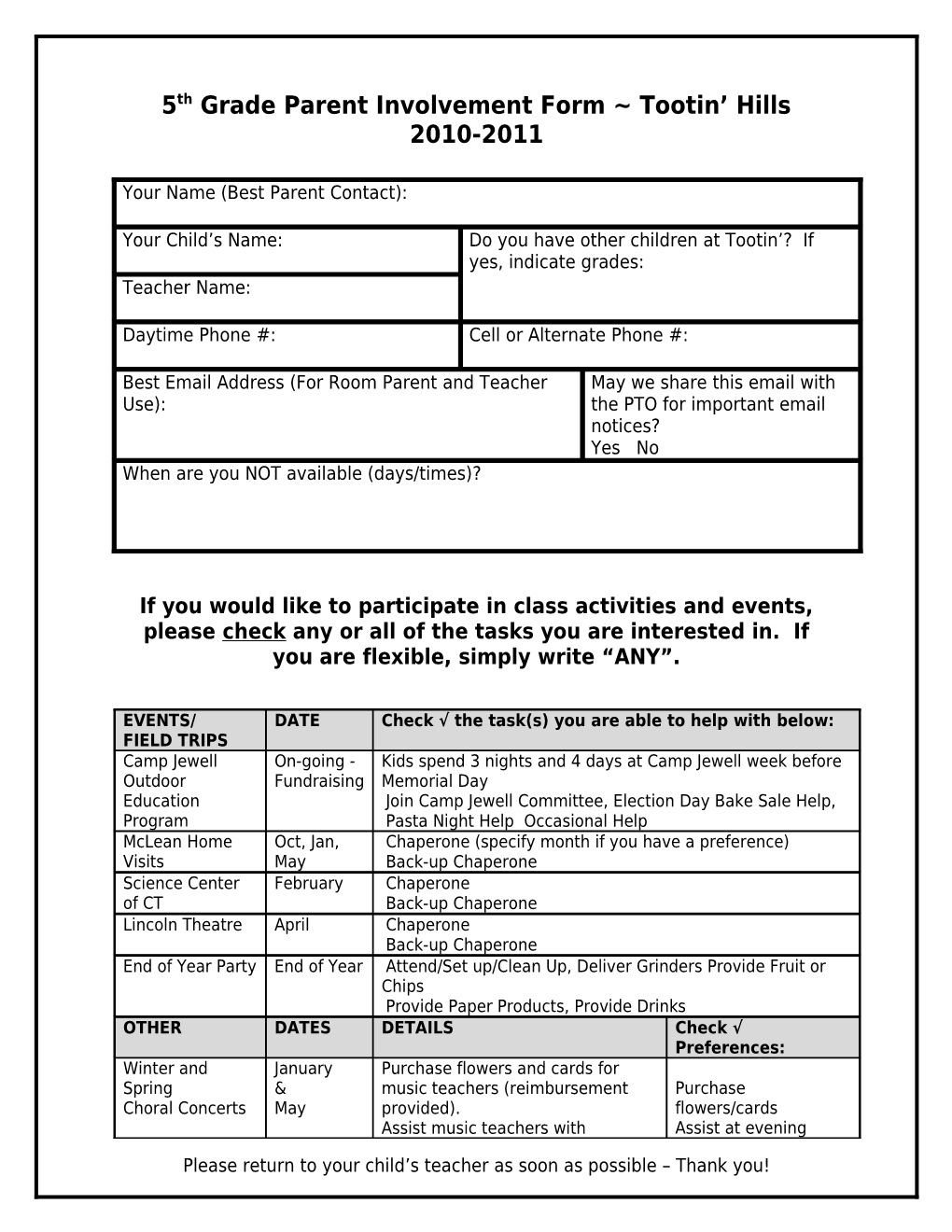 1St Grade Parent Involvement Form