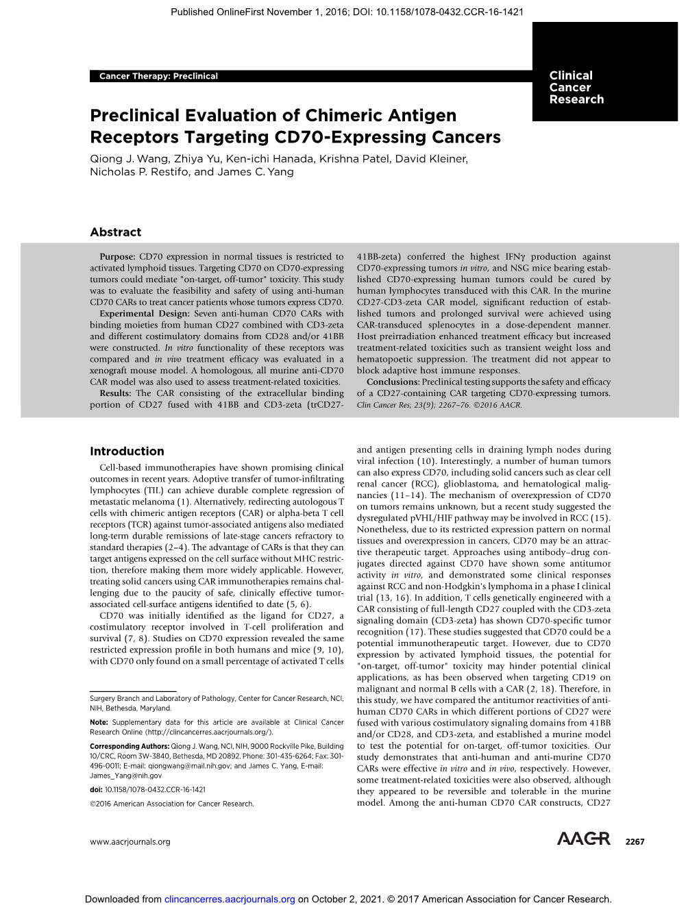 Preclinical Evaluation of Chimeric Antigen Receptors Targeting CD70-Expressing Cancers Qiong J