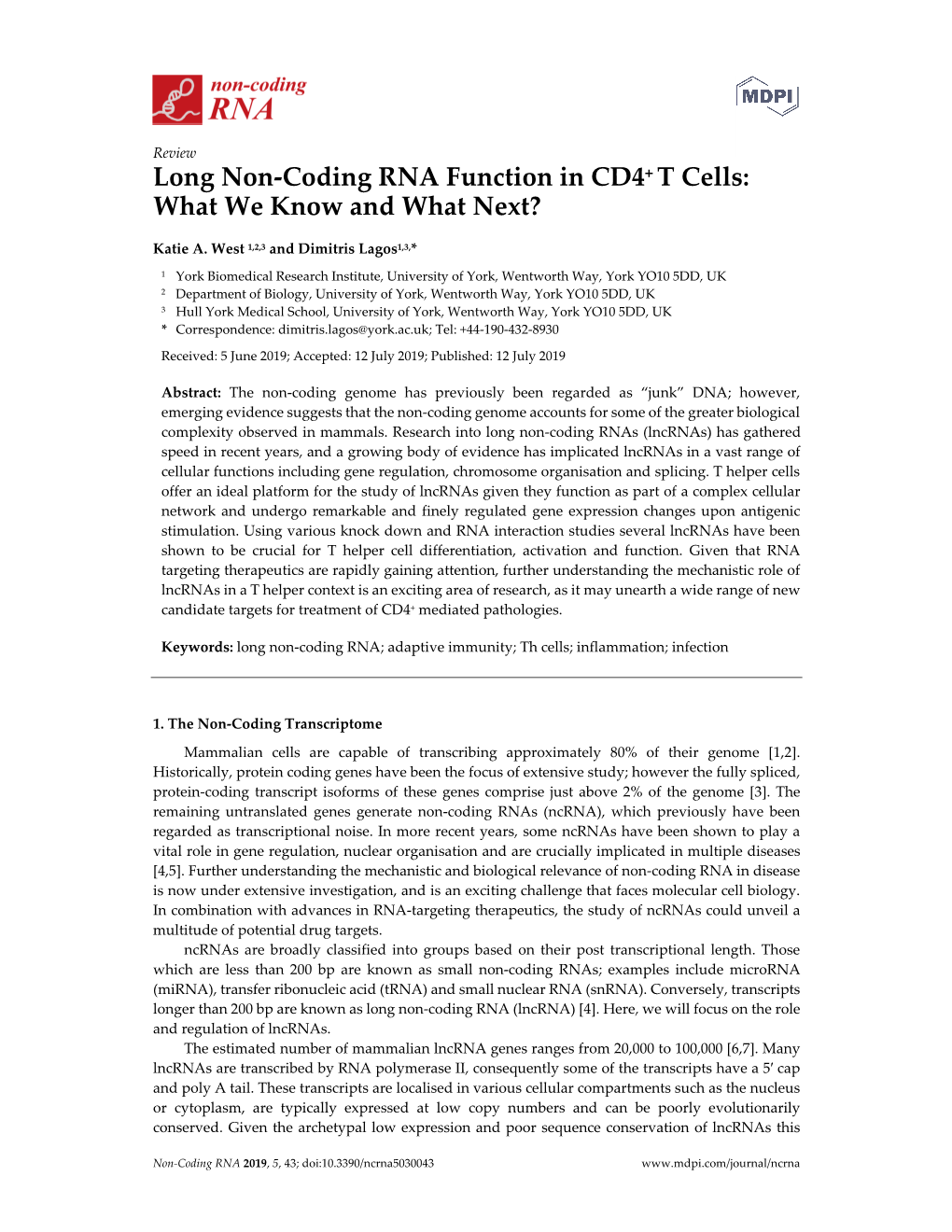 Long Non-Coding RNA Function in CD4+ T Cells: What We Know and What Next?