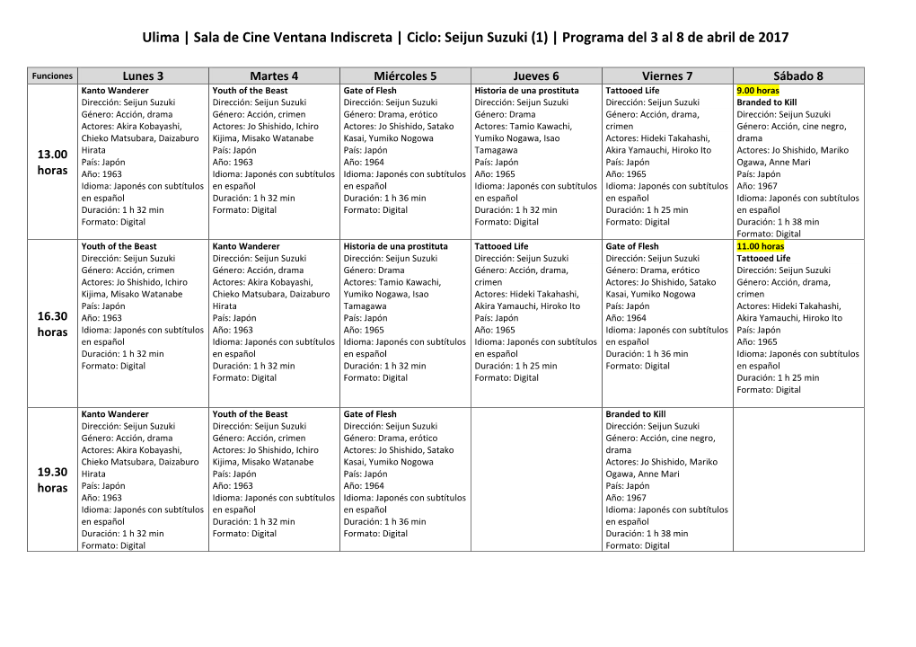 Ulima | Sala De Cine Ventana Indiscreta | Ciclo: Seijun Suzuki (1) | Programa Del 3 Al 8 De Abril De 2017