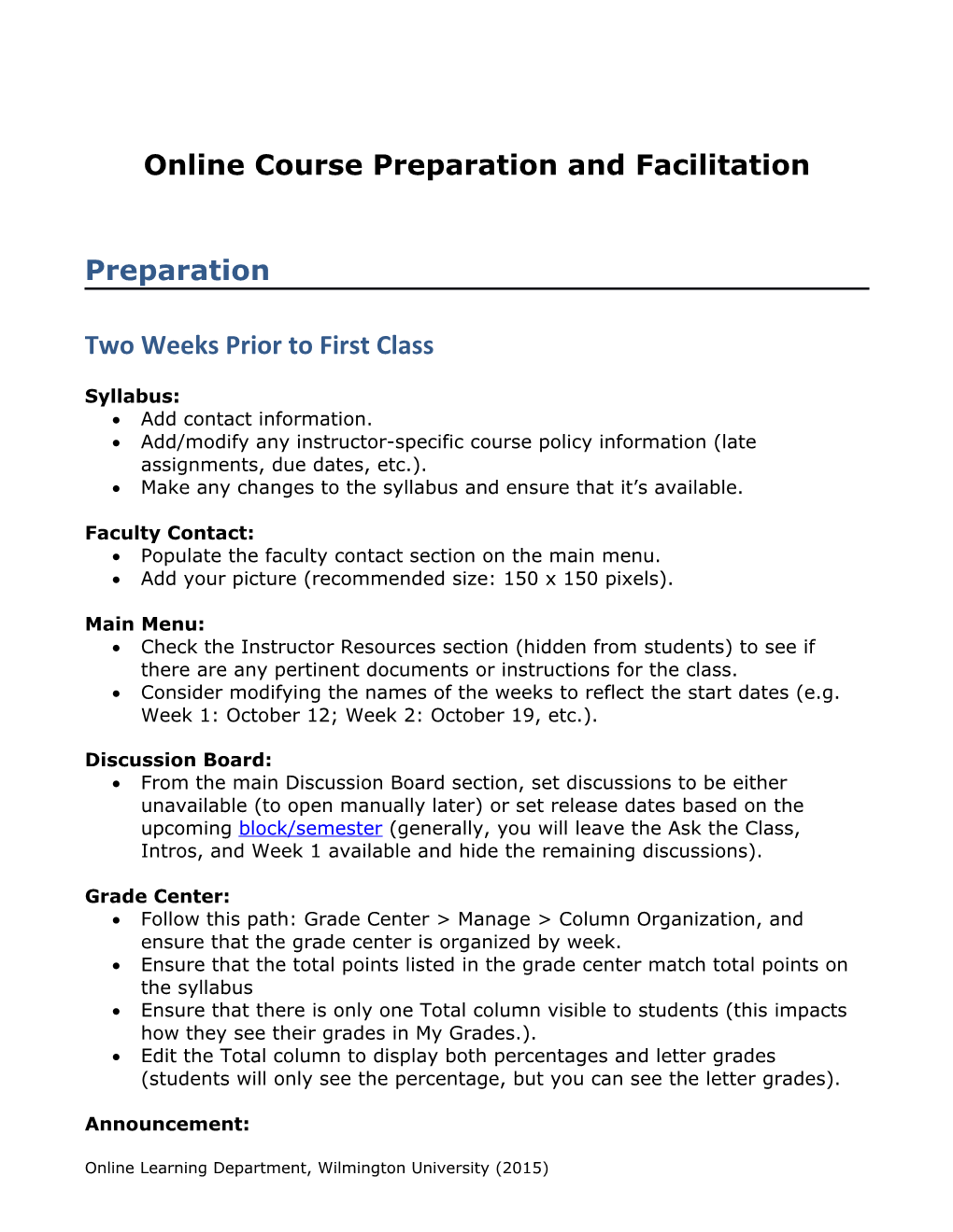 Online Course Preparation and Facilitation