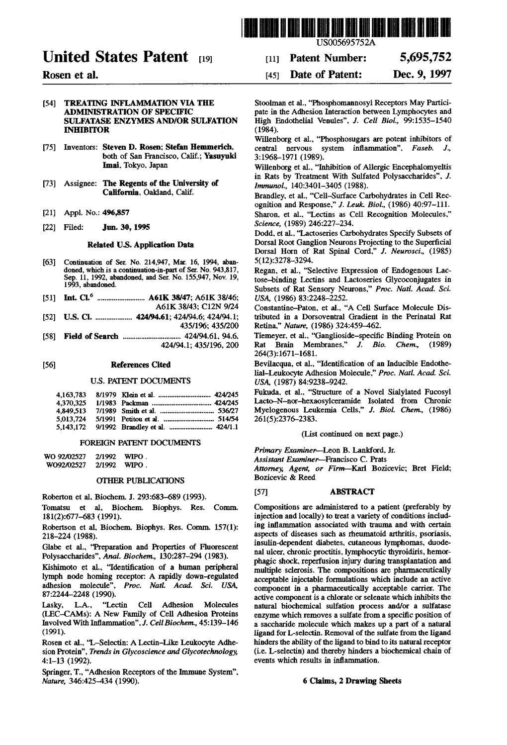 United States Patent (19) 11 Patent Number: 5,695,752 Rosen Et Al
