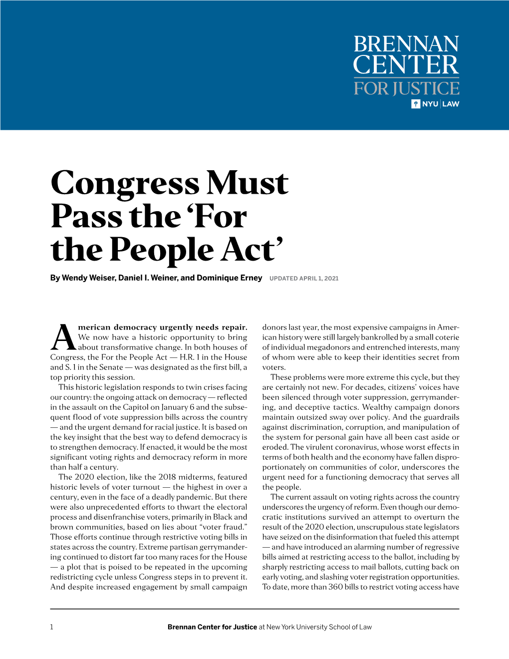 For the People Act’ by Wendy Weiser, Daniel I