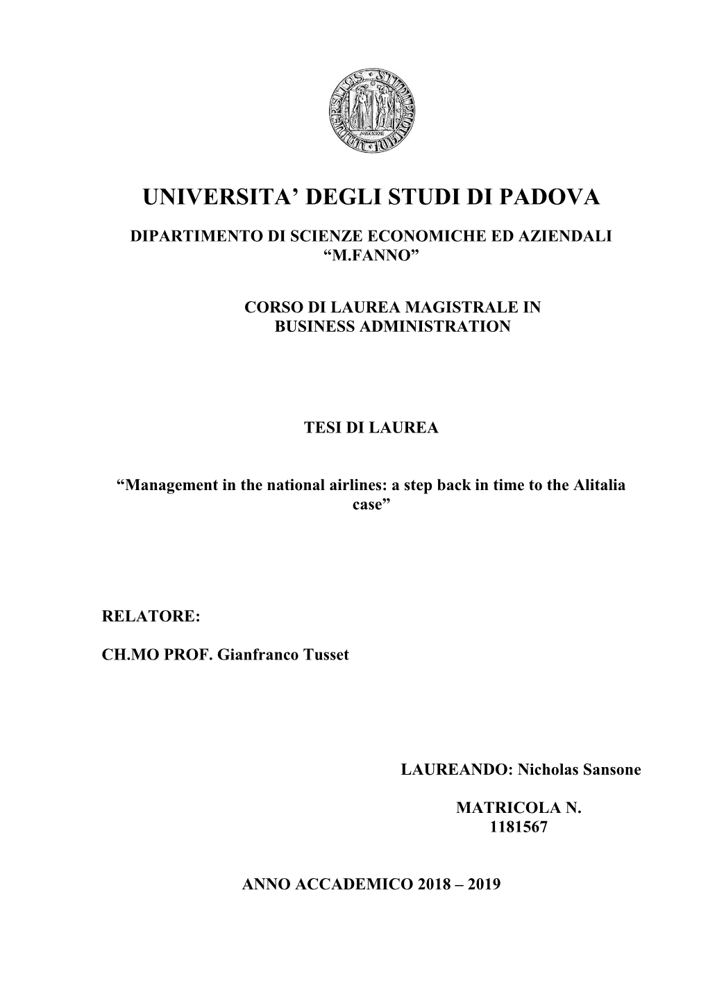 Universita' Degli Studi Di Padova