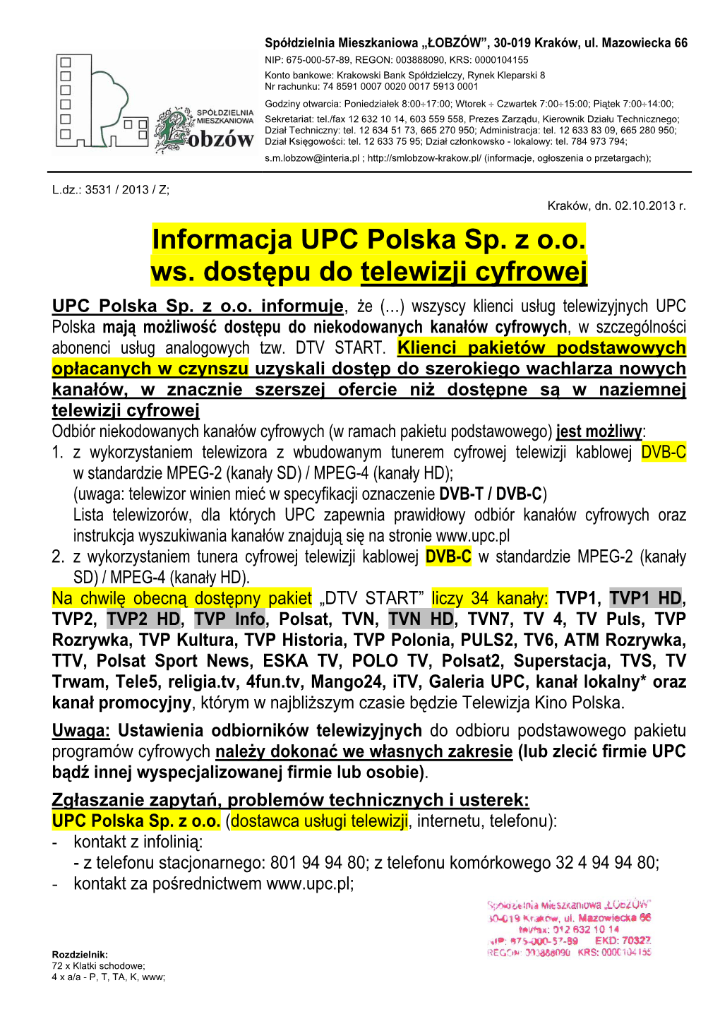 Informacja UPC Polska Sp. Z O.O. Ws. Dostępu Do Telewizji Cyfrowej