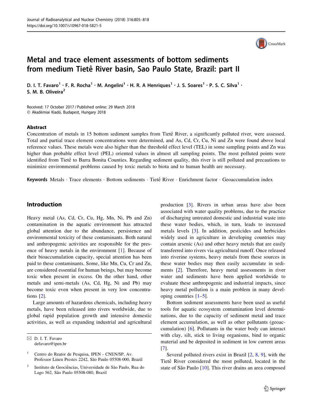 Metal and Trace Element Assessments of Bottom Sediments from Medium Tieteˆ River Basin, Sao Paulo State, Brazil: Part II