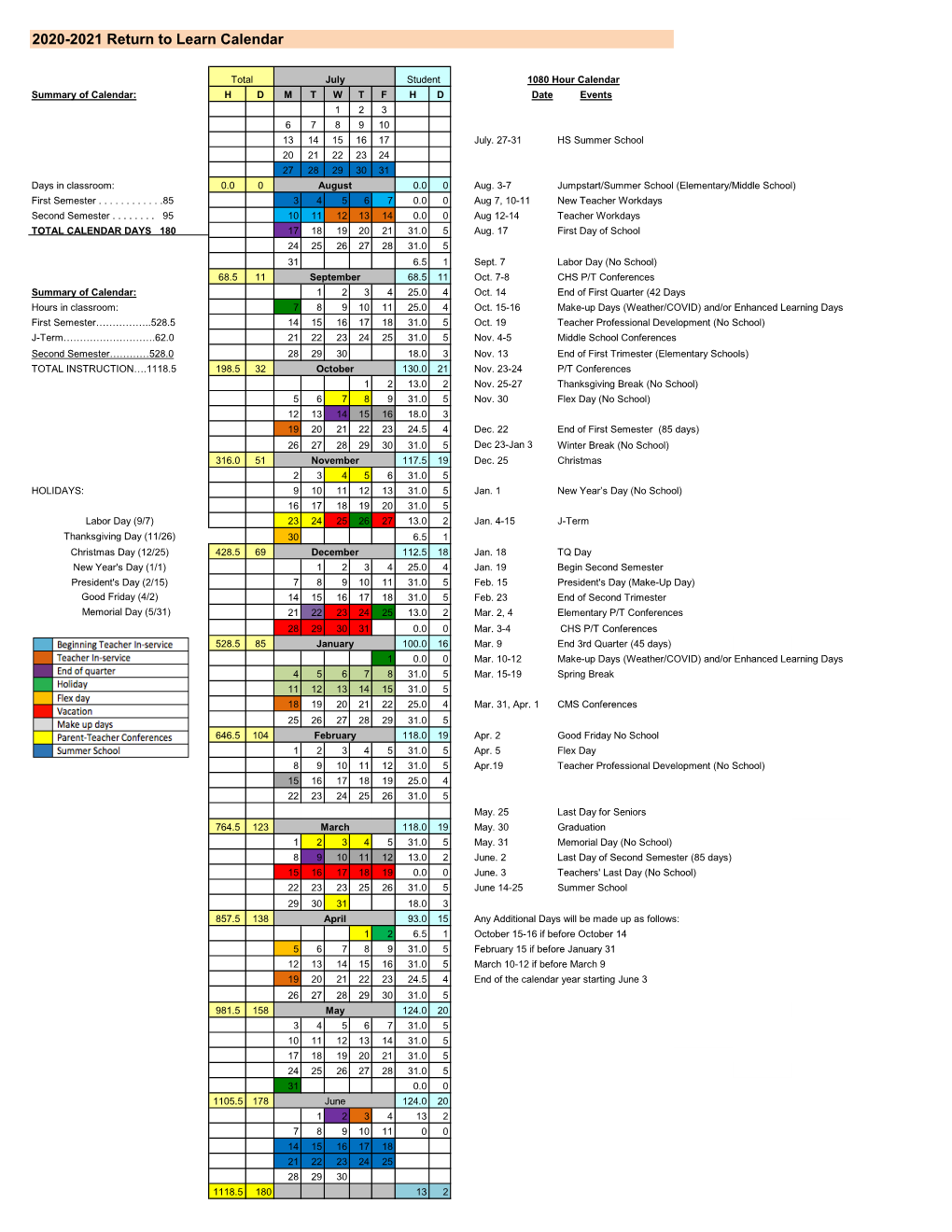 2020-2021 Return to Learn Calendar