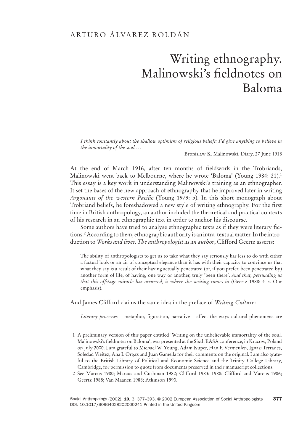 Writing Ethnography. Malinowski's Fieldnotes on Baloma