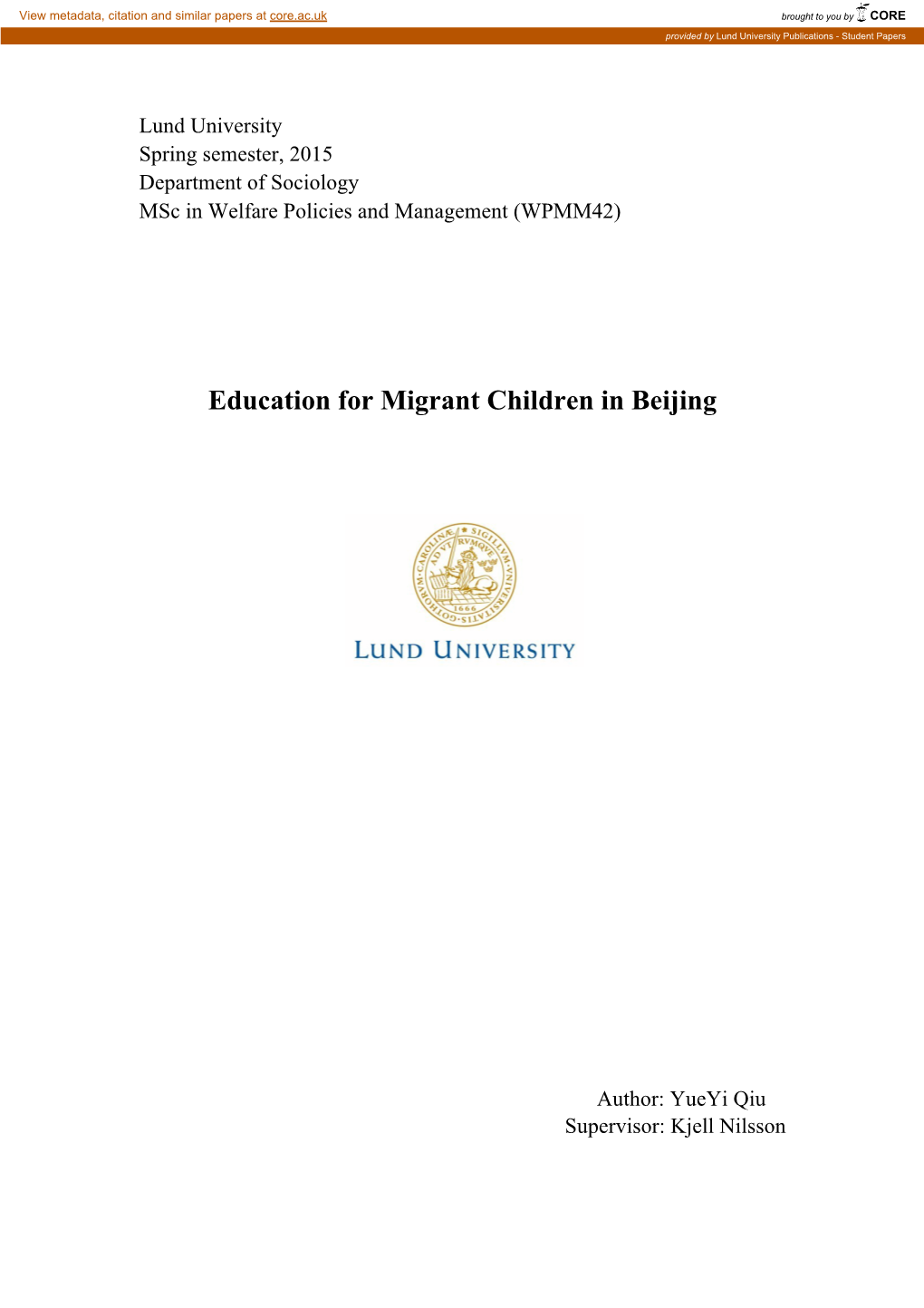 Education for Migrant Children in Beijing