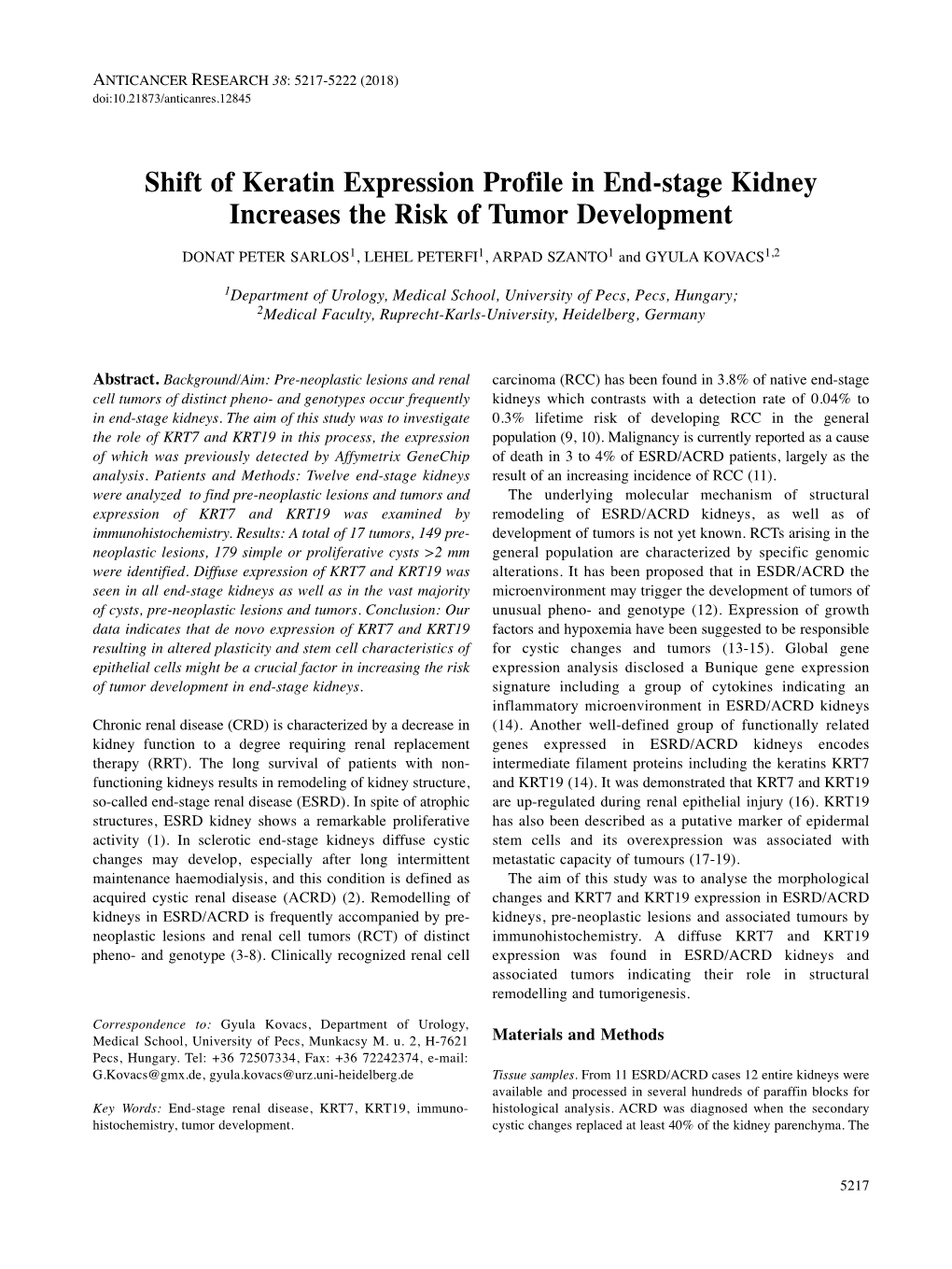 Shift of Keratin Expression Profile in End-Stage Kidney Increases The