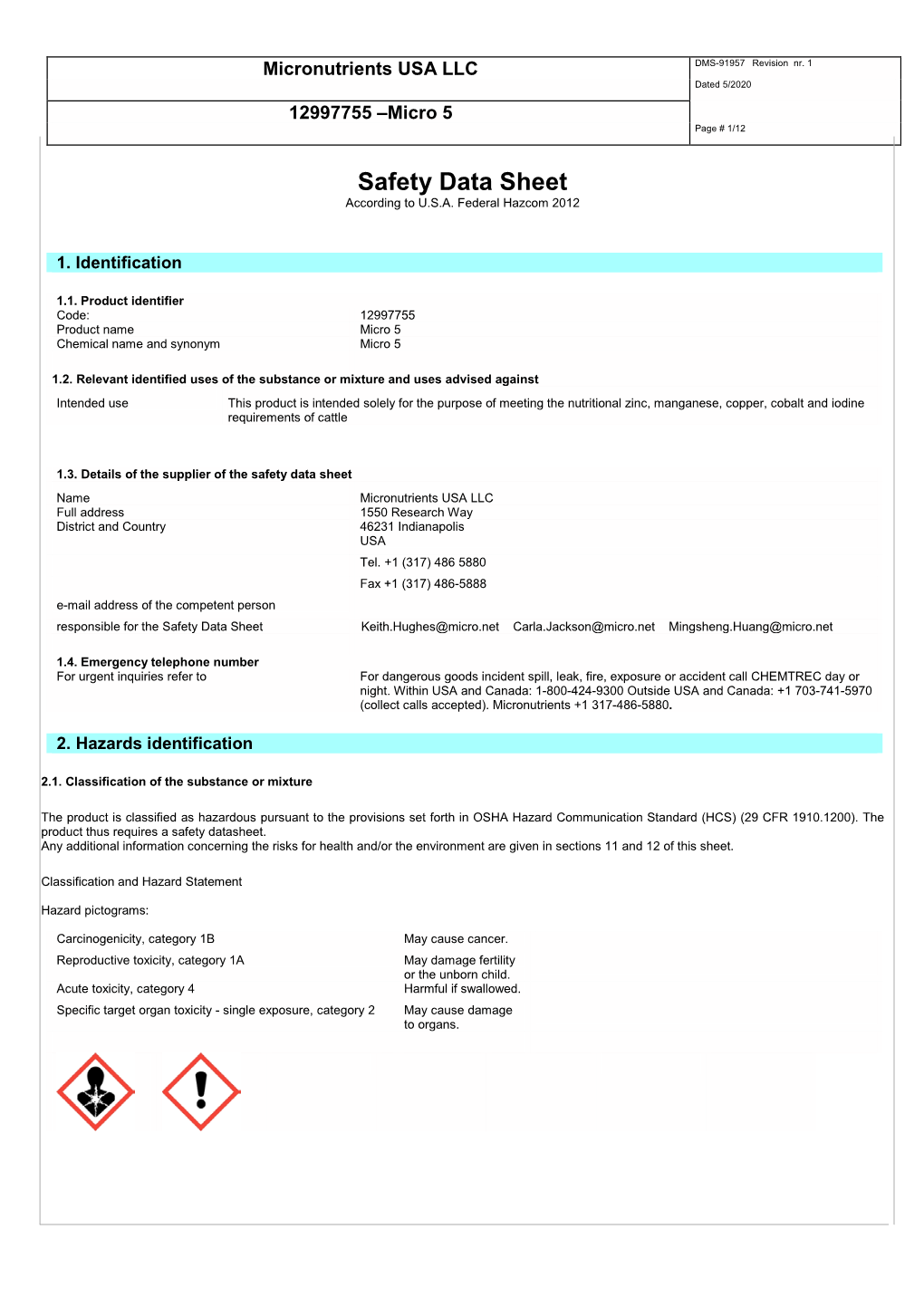 Safety Data Sheet According to U.S.A