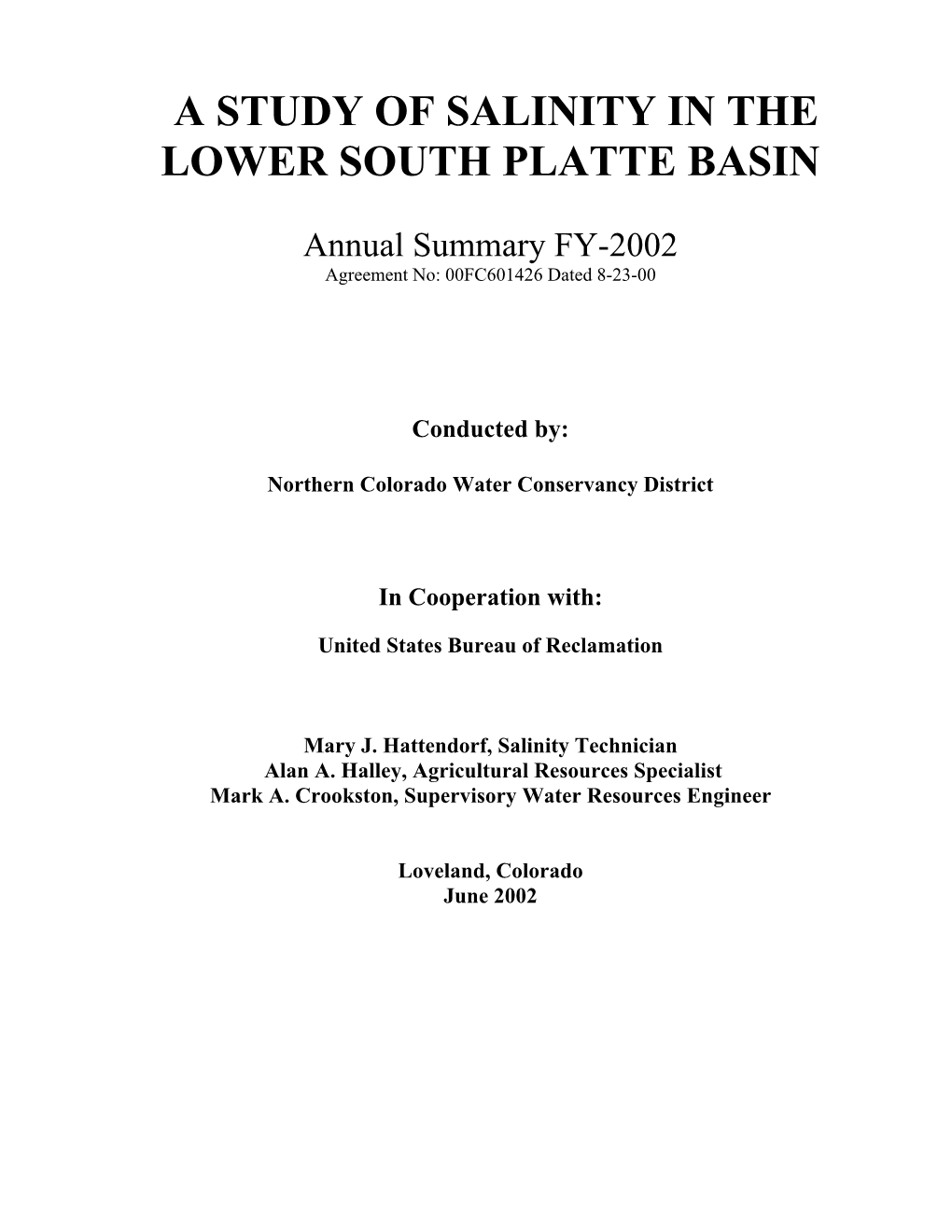 A Study of Salinity in the Lower South Platte Basin